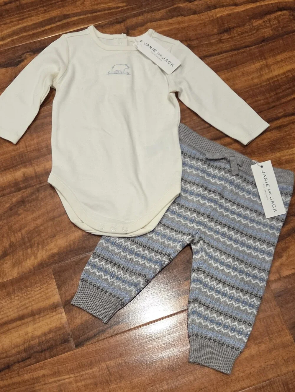 Janie and Jack NWT 3-6 months bear bodysuit & blue/gray fair isle sweater pants
